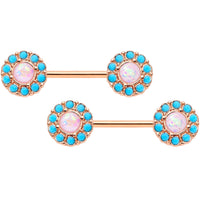 14G 9/16 White Faux Opal Gold Tone Southwestern Nipple Ring Set