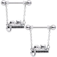14G 5/8 Black Gem Nap Cat Dangle Nipple Ring Set