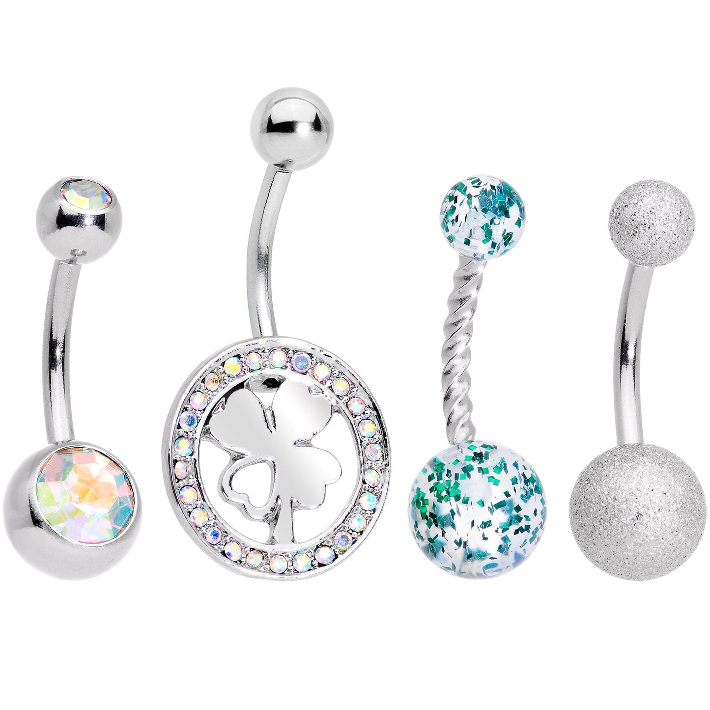 Aurora Gem Variety St Patricks Day Shamrock Belly Ring Set of 4
