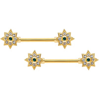 14G 9/16 Clear Green CZ Gem Starburst Nipple Ring Set