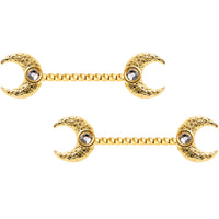 14G Clear Gem Gold Tone Witch Moon Barbell Nipple Ring Set