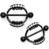 14G 9/16 Clear CZ Gem Black Scary Fang Halloween Nipple Shield Set