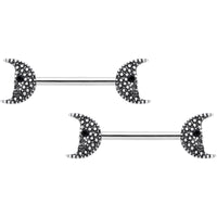 14G 9/16 Black Gem Skull Crescent Moon Barbell Nipple Ring Set