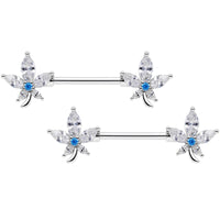 14G 9/16 Clear Blue CZ Gem Marijuana Leaf Barbell Nipple Ring Set