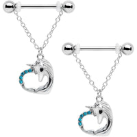 14G 5/8 Aqua Gem Unicorn Heart Dangle Barbell Nipple Ring Set