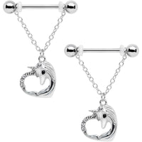 14G 5/8 Clear Gem Unicorn Heart Dangle Barbell Nipple Ring Set