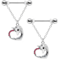 14G 5/8 Pink Gem Unicorn Heart Dangle Barbell Nipple Ring Set