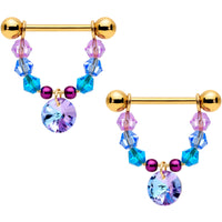 14G 5/8 Blue Purple Gem Gold Tone Disc Nipple Ring Set