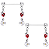 14G 5/8 Red White Ladybug Flower Dangle Barbell Nipple Ring Set