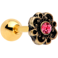 16G 1/4 Pink Gem Gold Tone Flower Emblem Tragus Cartilage Earring