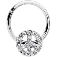 16G 3/8 Clear Gem Retro Peace Sign Hinged Segment Ring