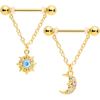 14G 5/8 Aurora Gem Gold Tone Sun Moon Dangle Nipple Ring Set