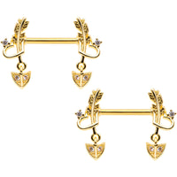 14G 9/16 Clear CZ Gem Gold Tone Love Feather Barbell Nipple Ring Set