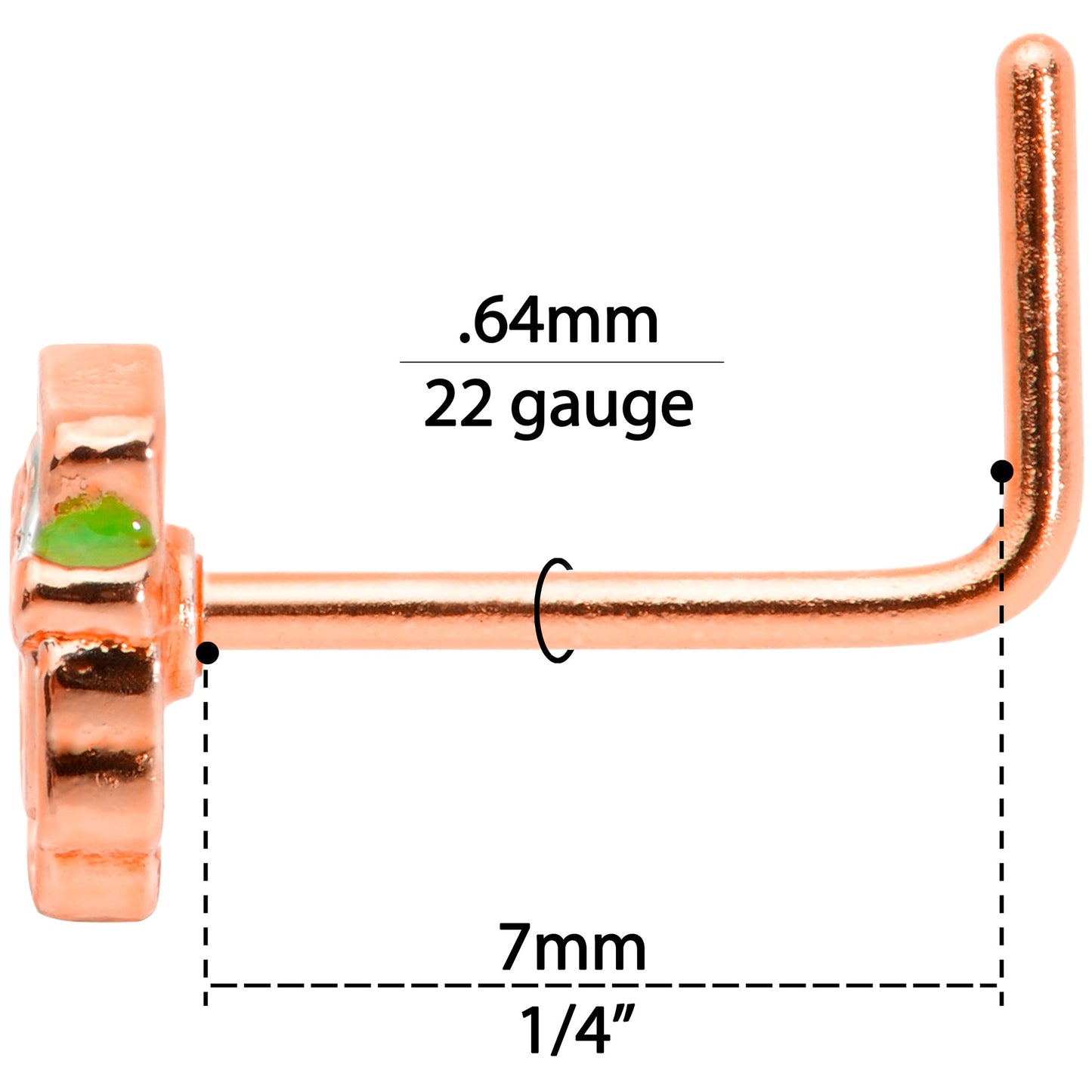22G 5/16 Green Rose Gold Tone Lucky Leprechaun L Shaped Nose Ring