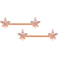 14G 5/8 Clear Gem Rose Gold Tone Beautiful Flower Nipple Ring Set