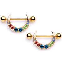 14G 7/8 Multicolor Gem Gold Tone Crescent Nipple Shield Set