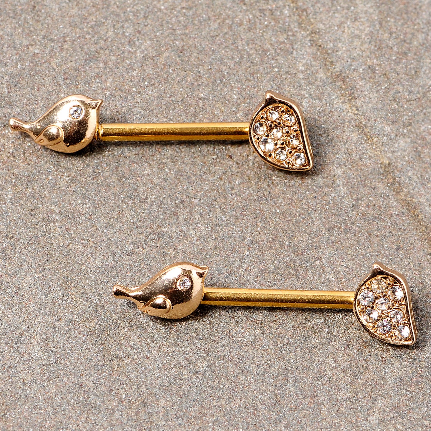 14G 9/16 Clear Gem Gold Tone Little Birds Barbell Nipple Ring Set
