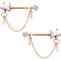 14G 5/8 Aurora Gem Rose Gold Tone Star Dangle Nipple Ring Set