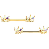 14G 9/16 Aurora Gem Gold Tone Crown Love Barbell Nipple Ring Set