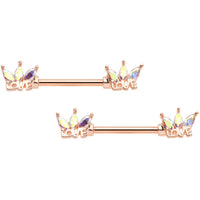 14G 9/16 Aurora Gem Rose Gold Tone Love Crown Barbell Nipple Ring Set