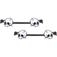14G 9/16 Black PVD Rose Scary Skull Halloween Nipple Ring Set