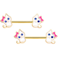 14G 9/16 Blue Gem Gold Tone Kitty Cat Barbell Nipple Ring Set