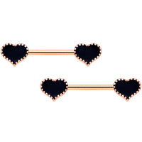14G 9/16 Rose Gold Tone Black Heart Barbell Nipple Ring Set