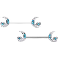 14G 9/16 Blue CZ Gem Crescent Moon Heart Barbell Nipple Ring Set