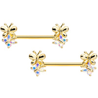 14G 5/8 Aurora CZ Gem Gold Tone Butterfly Barbell Nipple Set