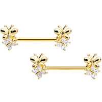 14G 5/8 Clear CZ Gem Gold Tone Butterfly Barbell Nipple Set