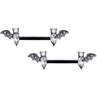 14G 9/16 Clear Gem Black Bat Halloween Barbell Nipple Ring Set