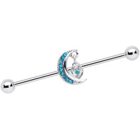 14G Aqua CZ Gem Heart Padlock Moon Dangle Industrial Barbell 38mm