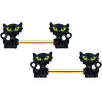 14G 9/16 Gold Tone Black Cat Halloween Barbell Nipple Ring Set