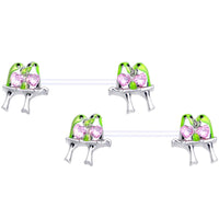 14G 9/16 Pink Gem Bioplast Green Lovebirds Barbell Nipple Ring Set