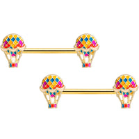 14G 9/16 Gold Tone Red Hot Air Balloon Barbell Nipple Ring Set