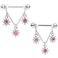 14G 1/2 Pink Gem Trio Stars Chain Dangle Nipple Ring Set