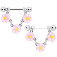 14G 18mm Pink Yellow Flower Cluster Chain Dangle Nipple Ring Set