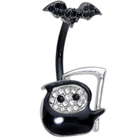 Clear Gem Black Bat Grim Reaper Halloween Double Mount Belly Ring