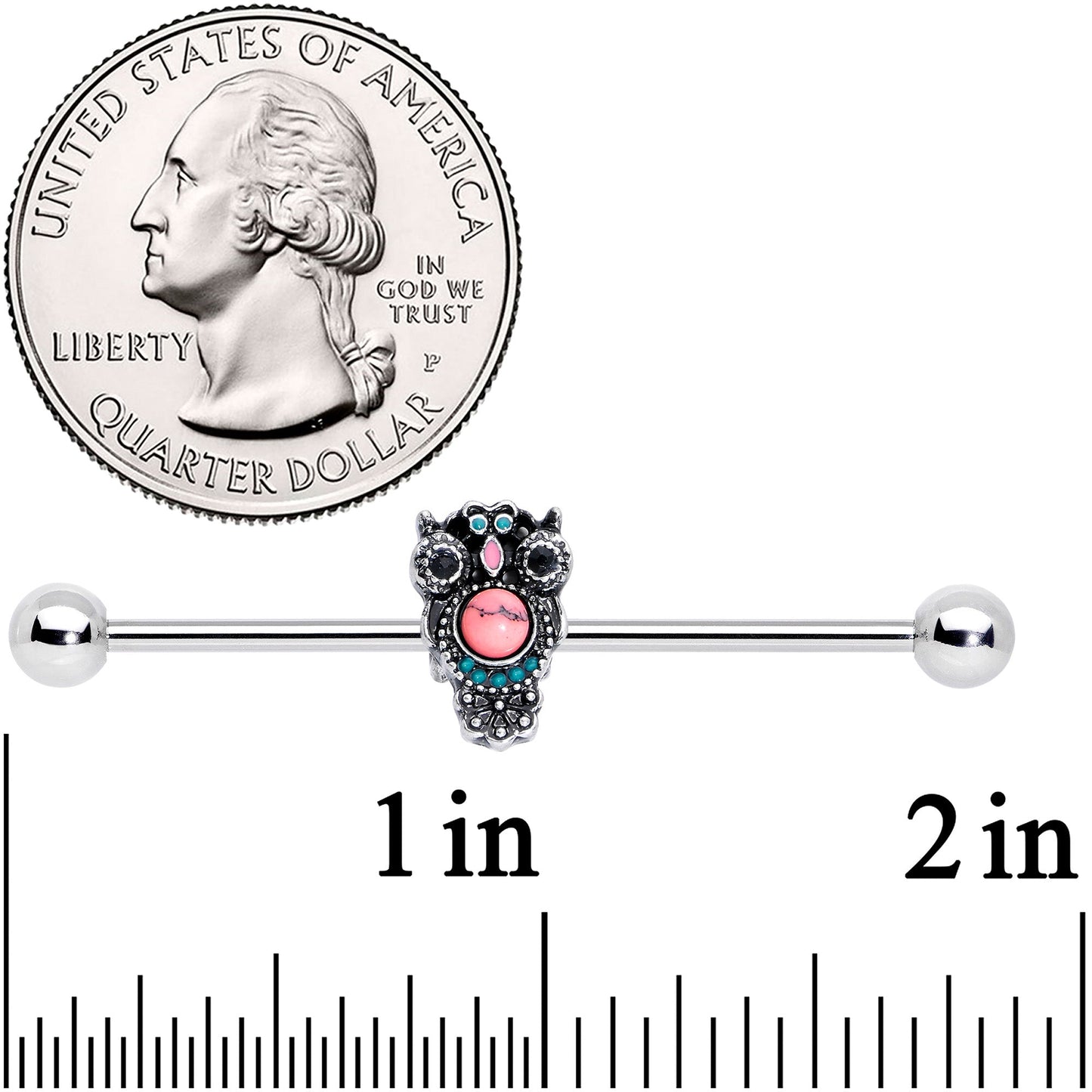 14G Black Gem Pink Orb Owl Industrial Barbell 38mm