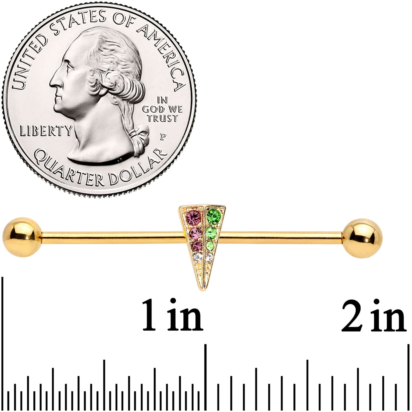 14G Pink Green Gem Gold Tone Triangle Industrial Barbell 38mm