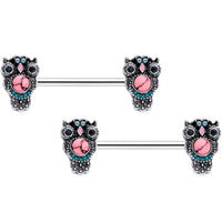 14G 9/16 Black Gem Pink Orb Owl Barbell Nipple Ring Set