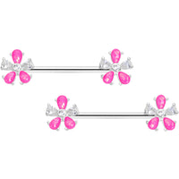 14G 9/16 Pink Faux Opal Flower Barbell Nipple Ring Set