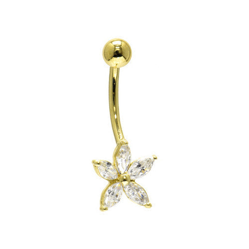 16G Solid 14K Yellow Gold CZ Lily Flower Belly Ring