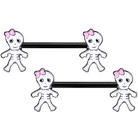 14G 9/16 Black Skeleton Girl Halloween Barbell Nipple Ring Set