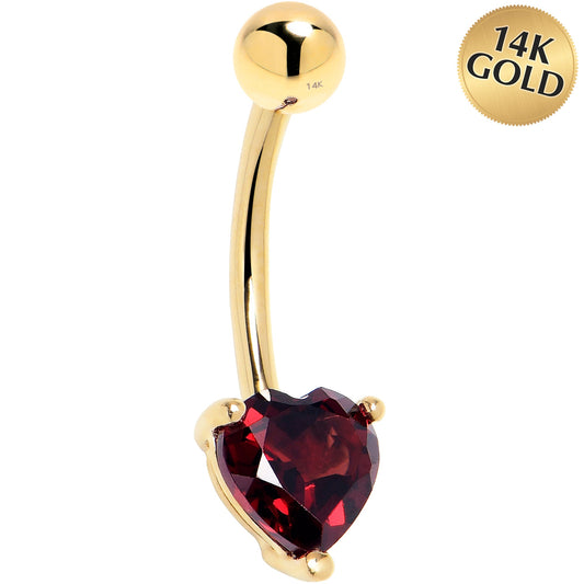 16G Solid 14K Yellow Gold Genuine Garnet Heart Solitaire Belly Ring