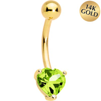 16G Solid 14K Yellow Gold Genuine Peridot Heart Solitaire Belly Ring