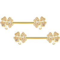 14G 9/16 Clear Gem Gold Tone Shamrock Barbell Nipple Ring Set