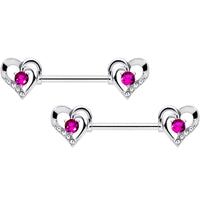 14G 9/16 Pink Gem Heart Valetines Day Barbell Nipple Ring Set