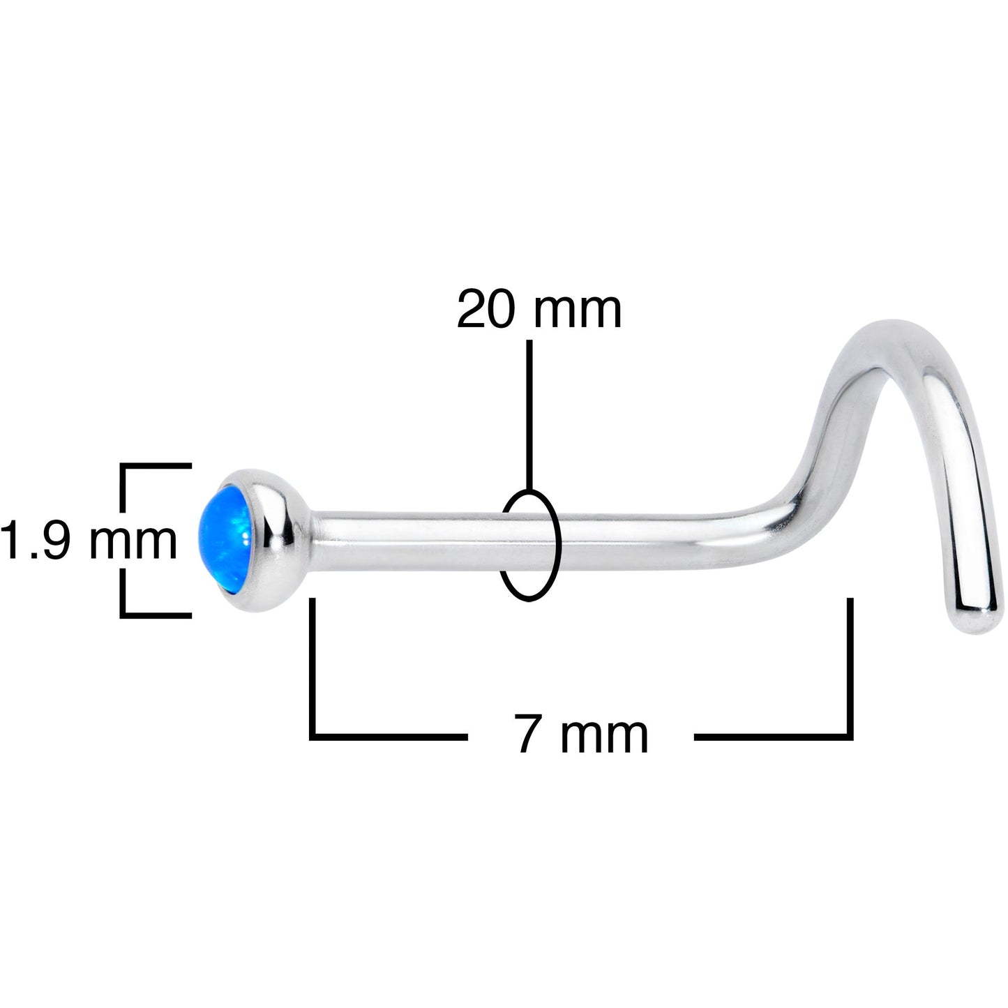 20G 7mm Blue 2mm Synthetic Opal Titanium Left Nose Ring Screw