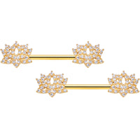 14G 9/16 Clear CZ Gem Gold Tone Lotus Flower Nipple Ring Set